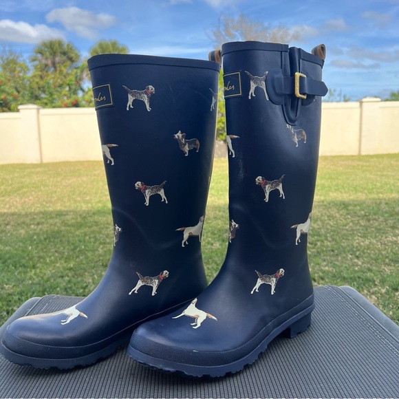Joules Printed Navy Adjustable Tall Waterproof Wellies Rain Boots Dogs Size 10 - Picture 5 of 13
